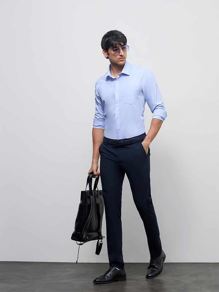 WES Formals Blue Solid Slim-Fit Cotton Shirt