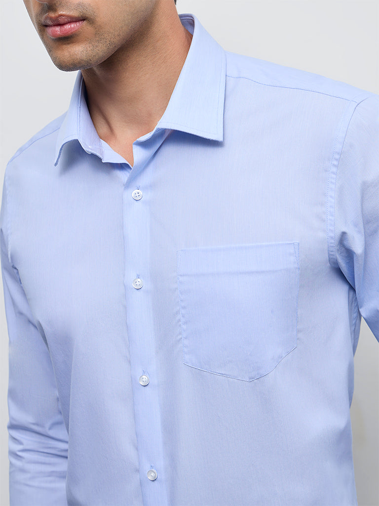 WES Formals Blue Solid Slim-Fit Cotton Shirt