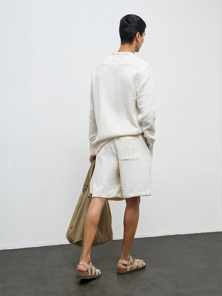 ETA Off-White Striped Textured Relaxed-Fit Mid-Rise Cotton Shorts