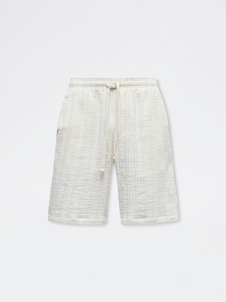 ETA Off-White Striped Textured Relaxed-Fit Mid-Rise Cotton Shorts