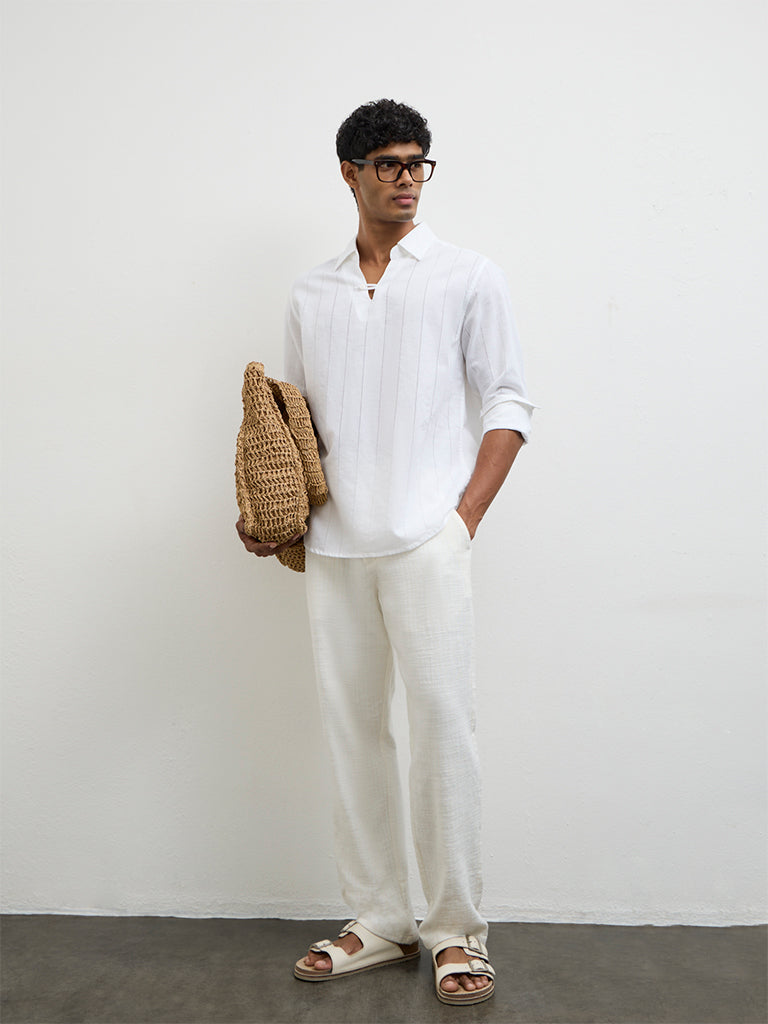 ETA White Self-Striped Relaxed-Fit Cotton-Blend Shirt