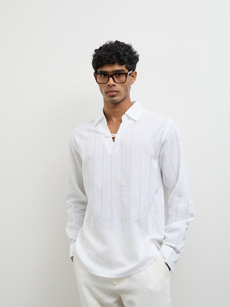 ETA White Self-Striped Relaxed-Fit Cotton-Blend Shirt
