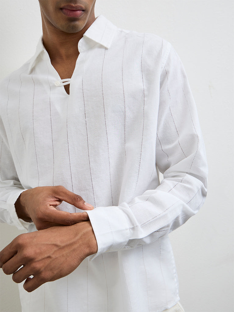 ETA White Self-Striped Relaxed-Fit Cotton-Blend Shirt