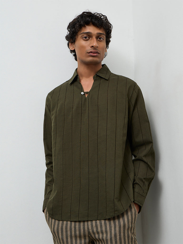 ETA Olive Striped Relaxed-Fit Cotton-Blend Shirt
