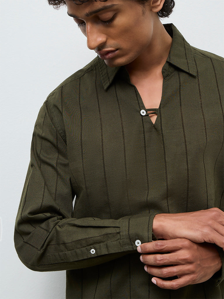 ETA Olive Striped Relaxed-Fit Cotton-Blend Shirt