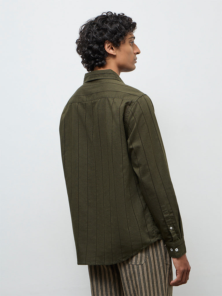 ETA Olive Striped Relaxed-Fit Cotton-Blend Shirt