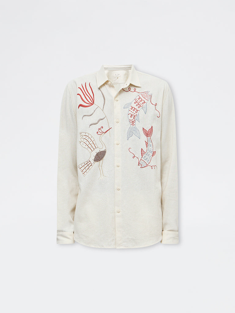 ETA Off-White Embroidered Relaxed-Fit Cotton Shirt