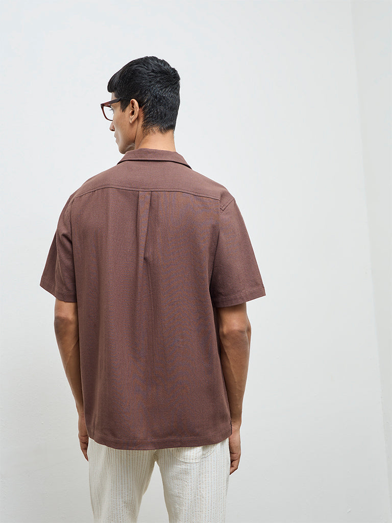 ETA Brown Embroidered Relaxed-Fit Cotton Shirt