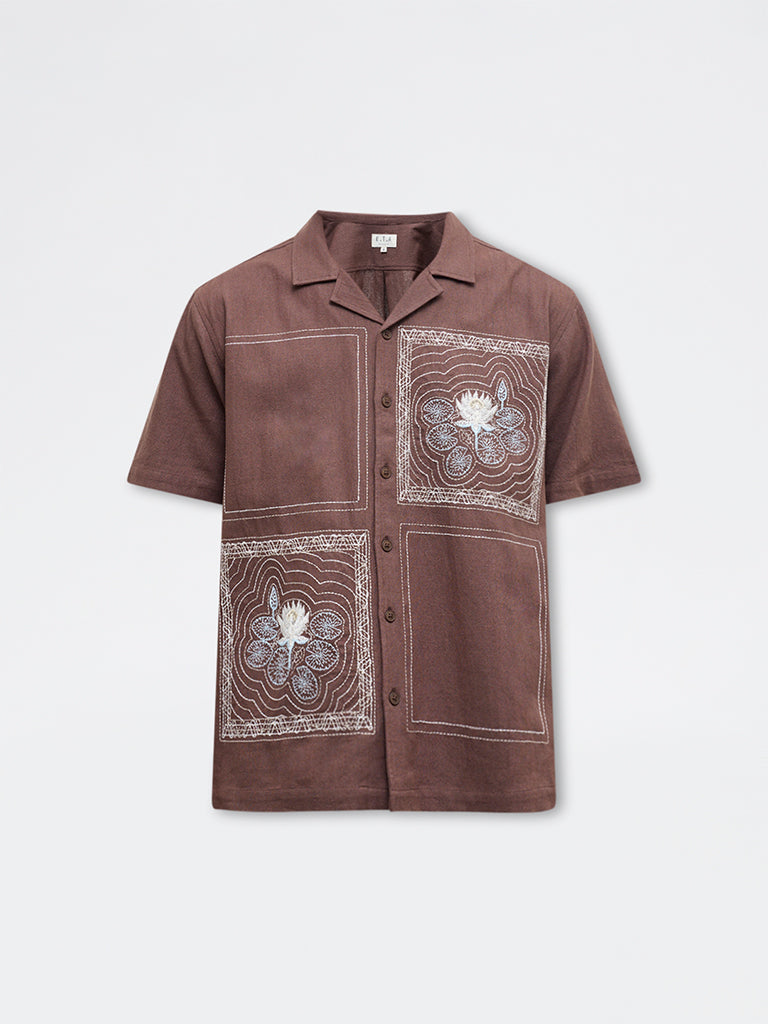 ETA Brown Embroidered Relaxed-Fit Cotton Shirt