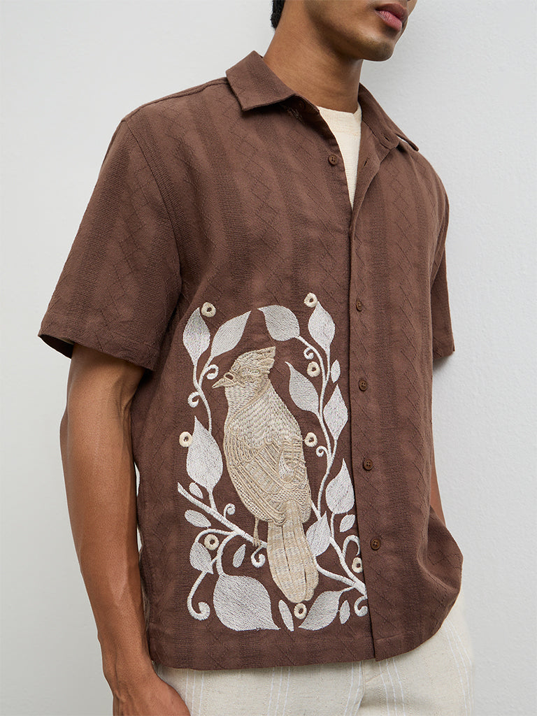 ETA Brown Embroidered Relaxed Fit Cotton Shirt