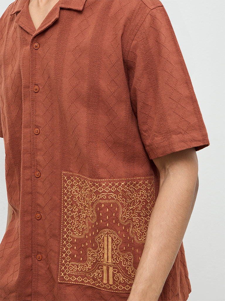 ETA Rust Embroidered Relaxed-Fit Cotton Shirt