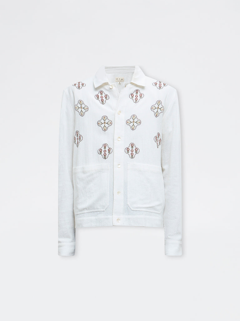 ETA White Botanical Embroidered Relaxed-Fit Cotton Shirt