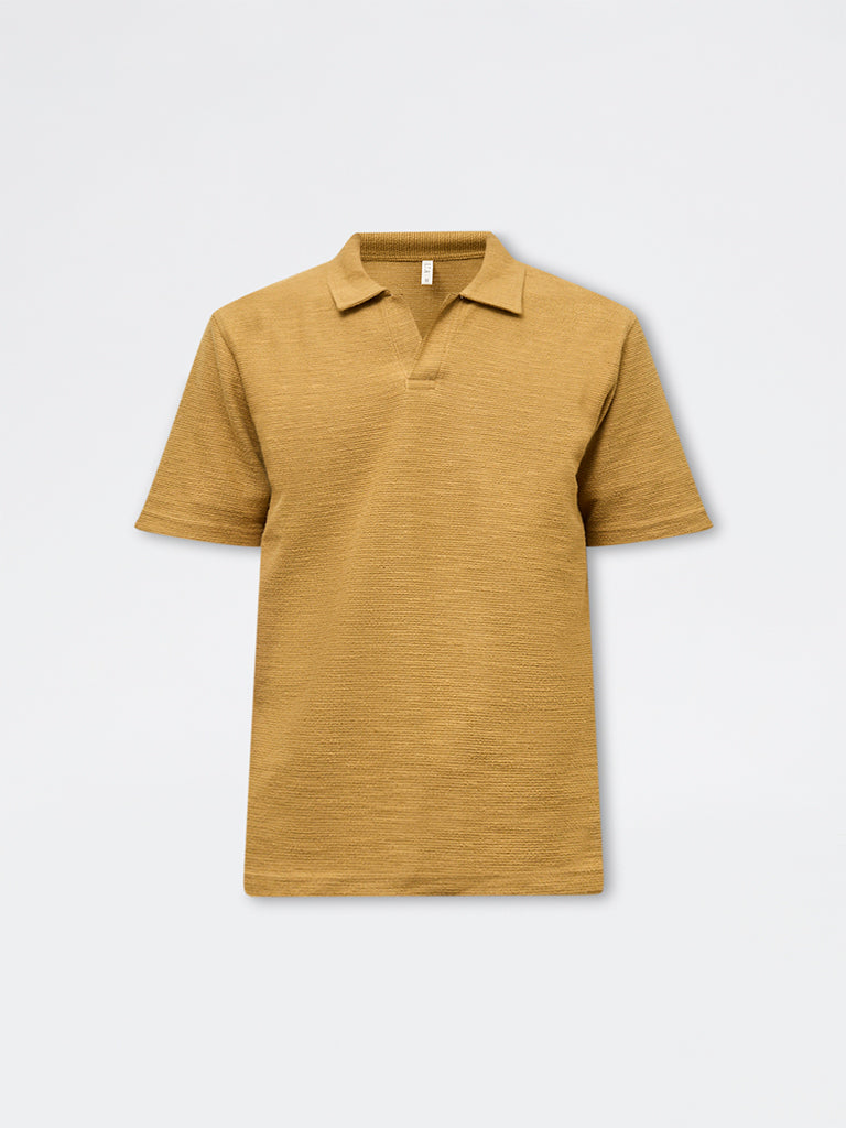 ETA Mustard Self-Textured Relaxed-Fit Cotton-Blend Polo T-Shirt