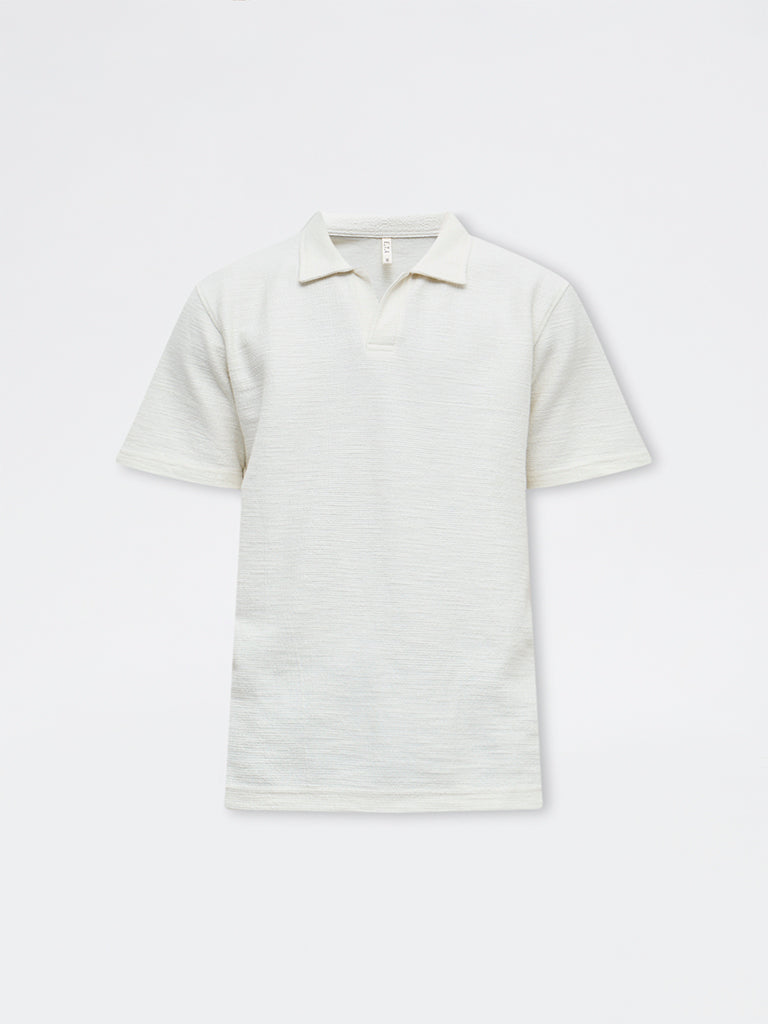 ETA White Self-Textured Relaxed-Fit Cotton-Blend Polo T-Shirt