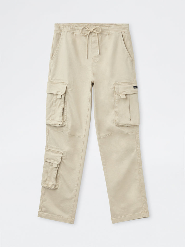 Nuon Beige Relaxed-Fit Mid-Rise Cotton-Blend Cargo Pants