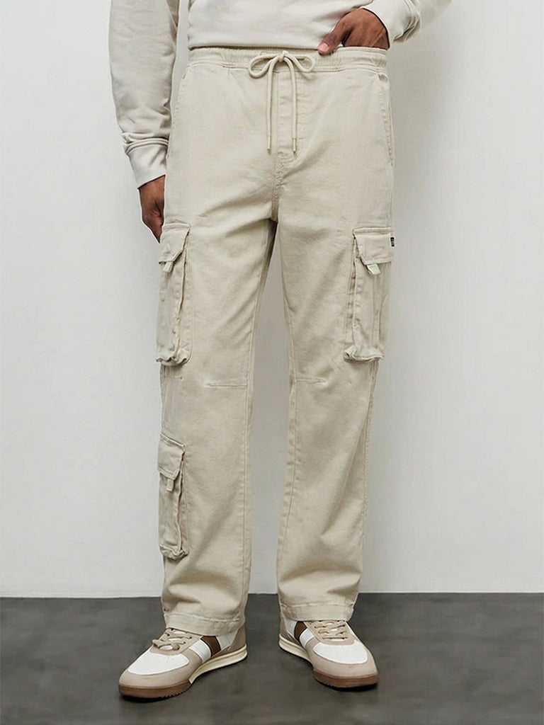 Nuon Beige Relaxed-Fit Mid-Rise Cotton-Blend Cargo Pants