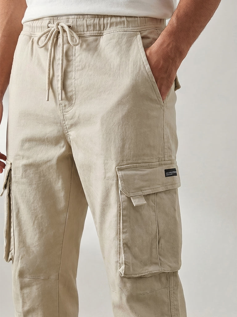Nuon Beige Relaxed-Fit Mid-Rise Cotton-Blend Cargo Pants