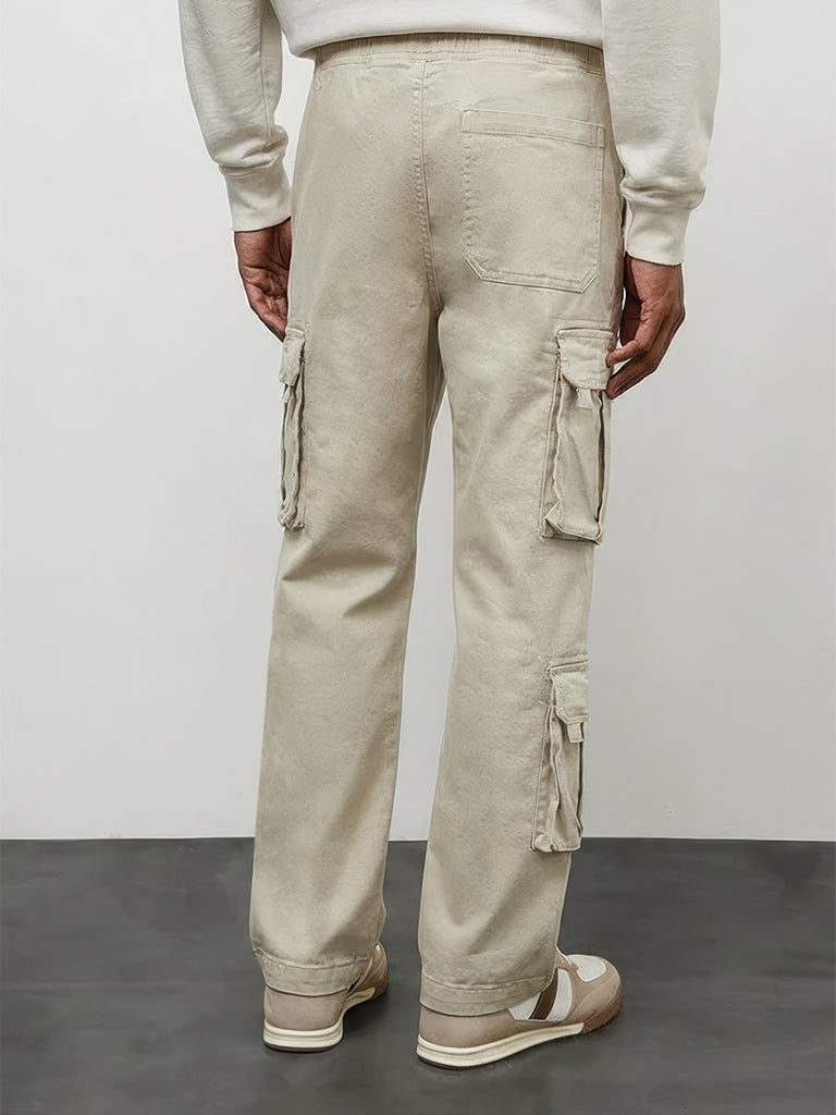 Nuon Beige Relaxed-Fit Mid-Rise Cotton-Blend Cargo Pants