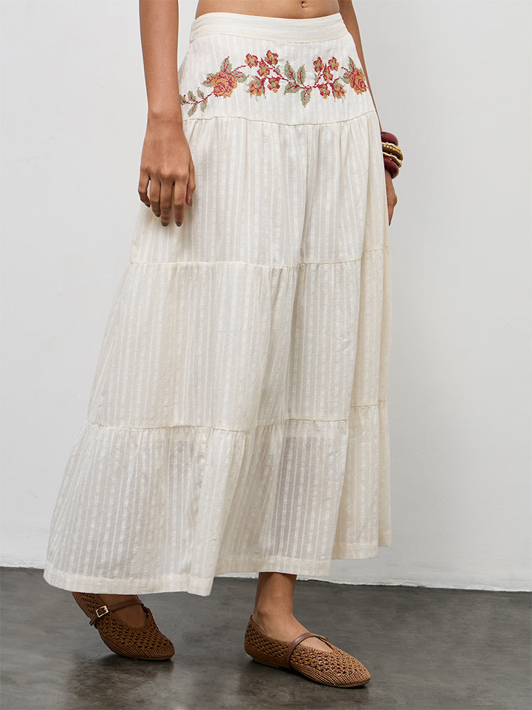 Bombay Paisley Off-White Embroidered Cotton Tiered Skirt