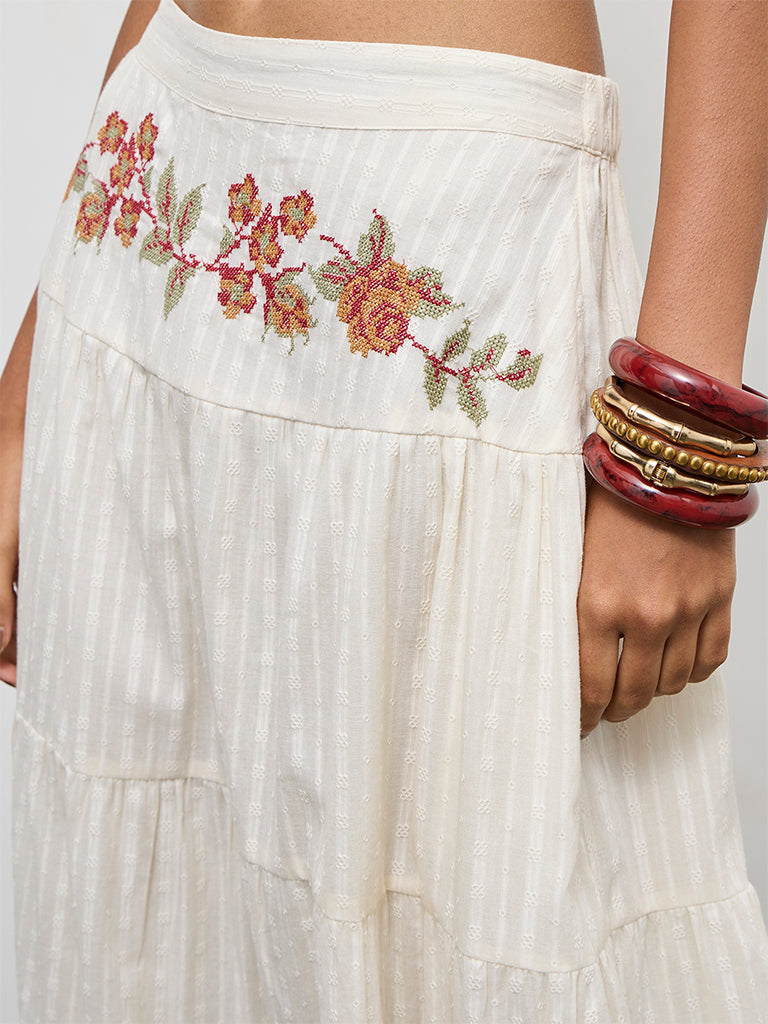 Bombay Paisley Off-White Embroidered Cotton Tiered Skirt