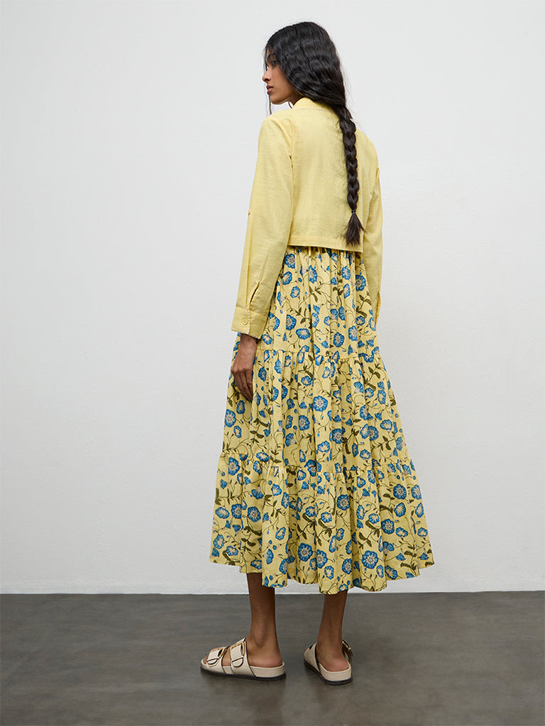 Bombay Paisley Yellow Floral Cotton Tiered Dress With Jacket