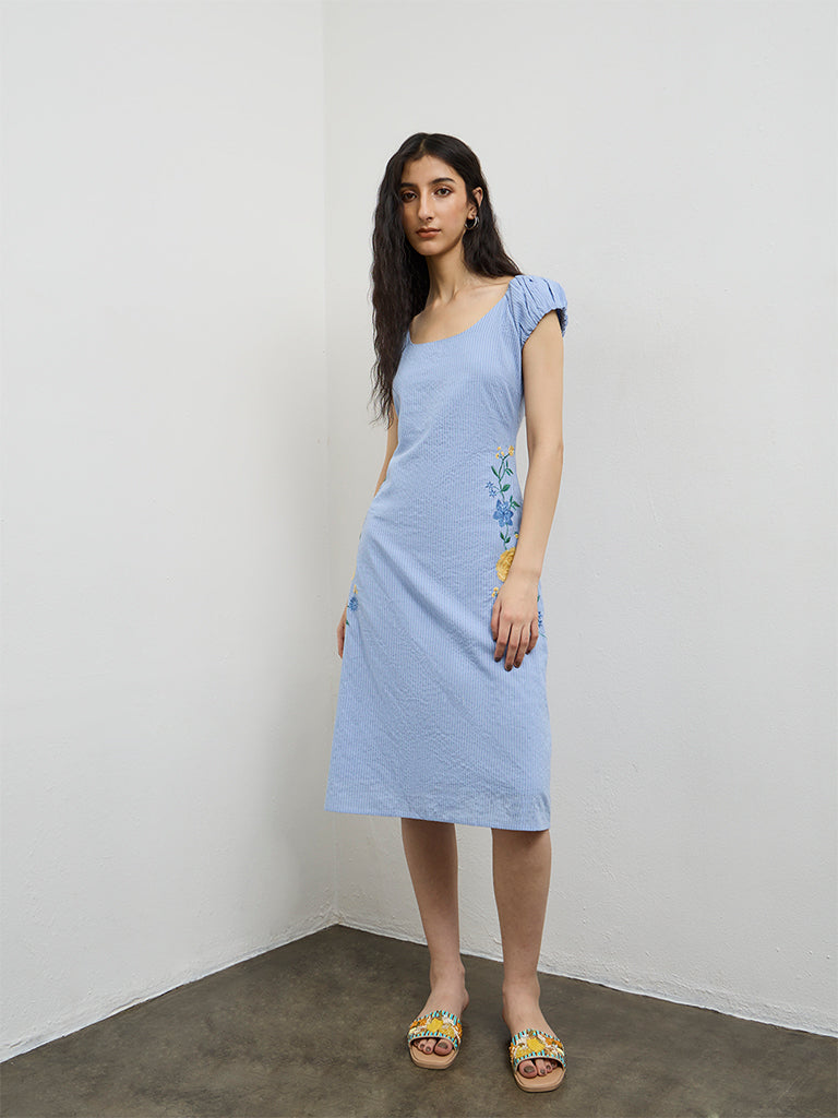 Bombay Paisley Light Blue Embroidered Cotton A-Line Dress