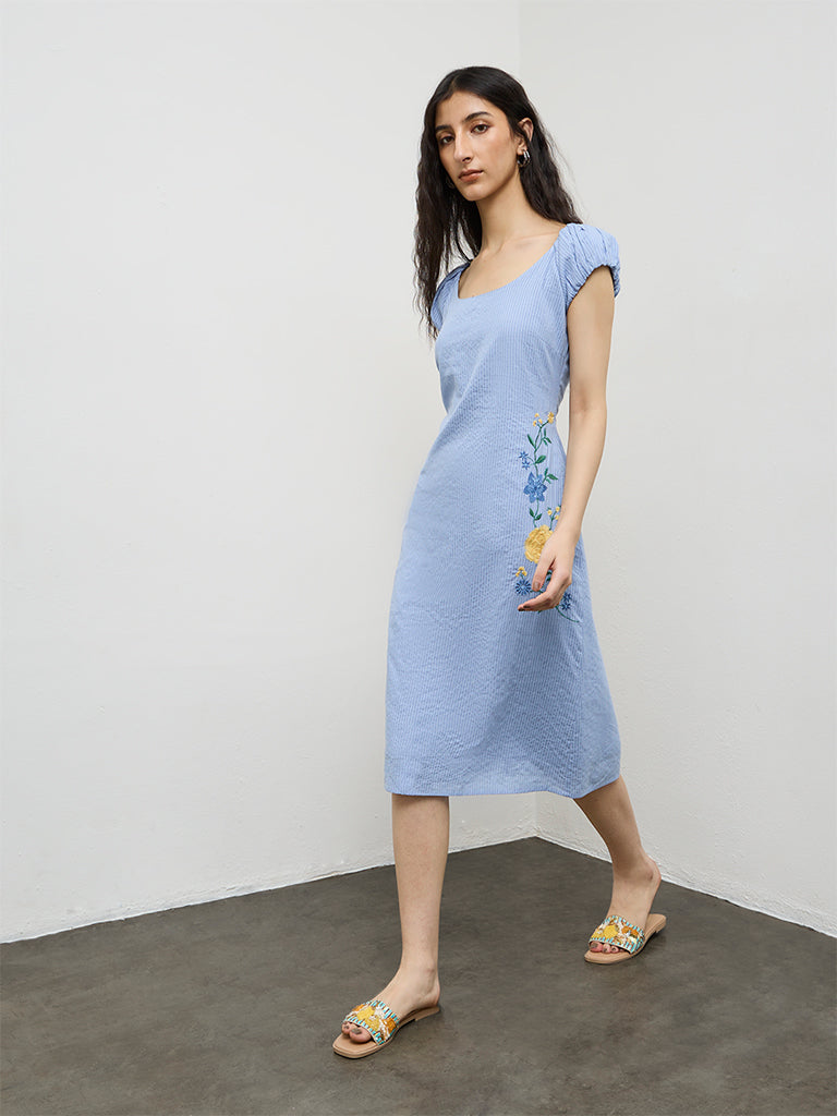 Bombay Paisley Light Blue Embroidered Cotton A-Line Dress