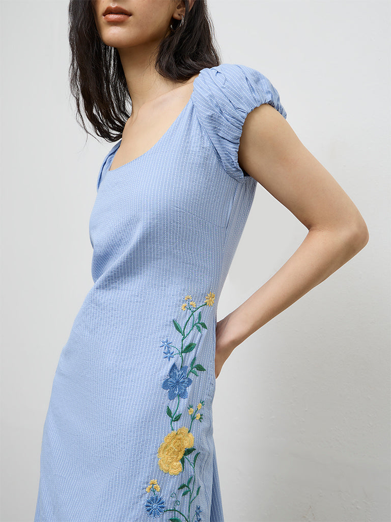 Bombay Paisley Light Blue Embroidered Cotton A-Line Dress
