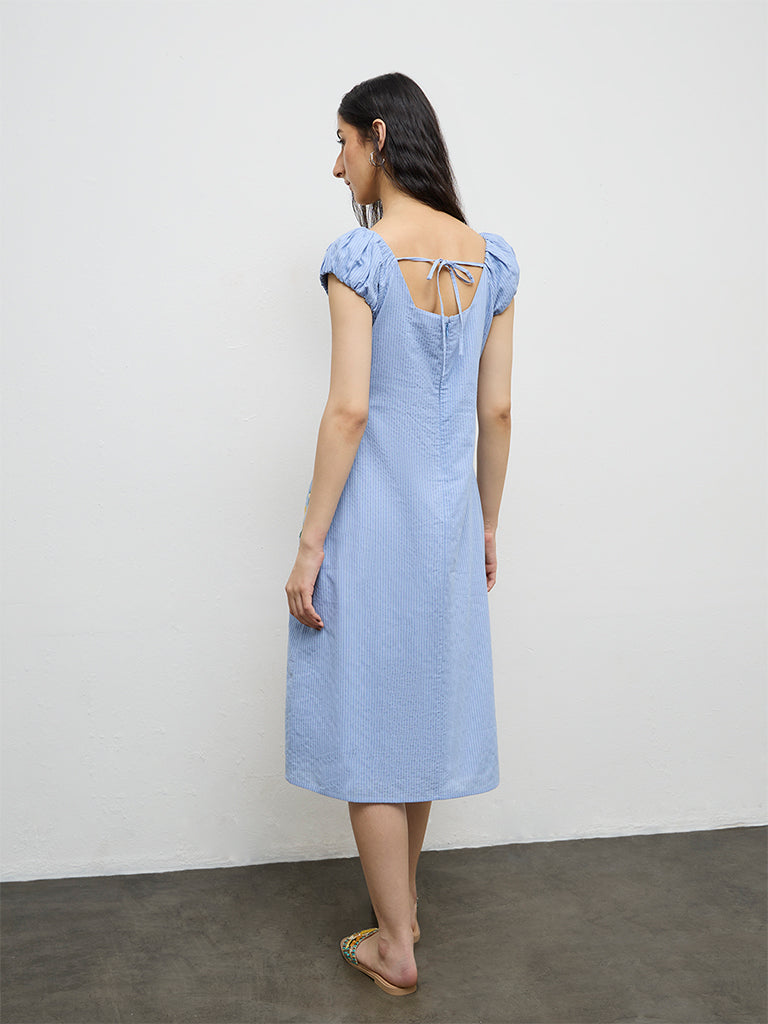 Bombay Paisley Light Blue Embroidered Cotton A-Line Dress