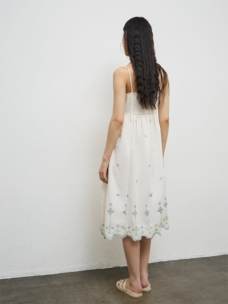 Buy Bombay Paisley Off-White Embroidered Cotton A-Line Dress from Westside