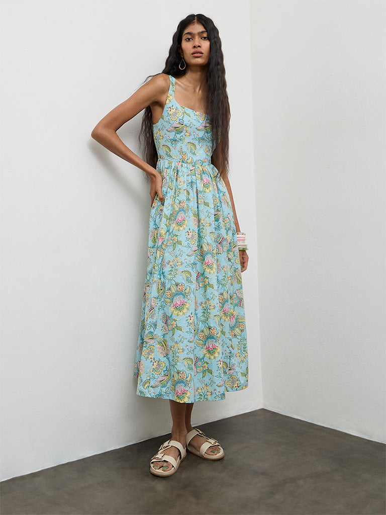 Bombay Paisley Blue Floral Printed Cotton A-Line Dress