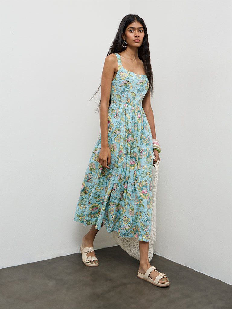 Bombay Paisley Blue Floral Printed Cotton A-Line Dress