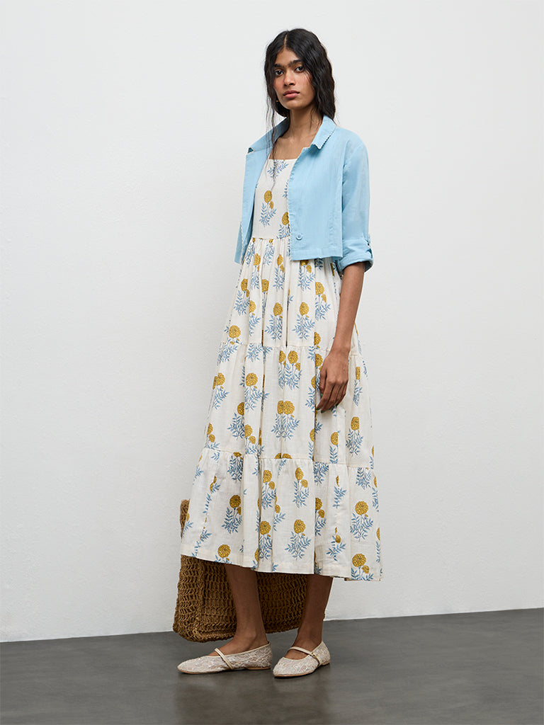 Buy Bombay Paisley White Floral Cotton Tiered Dress With Jacket