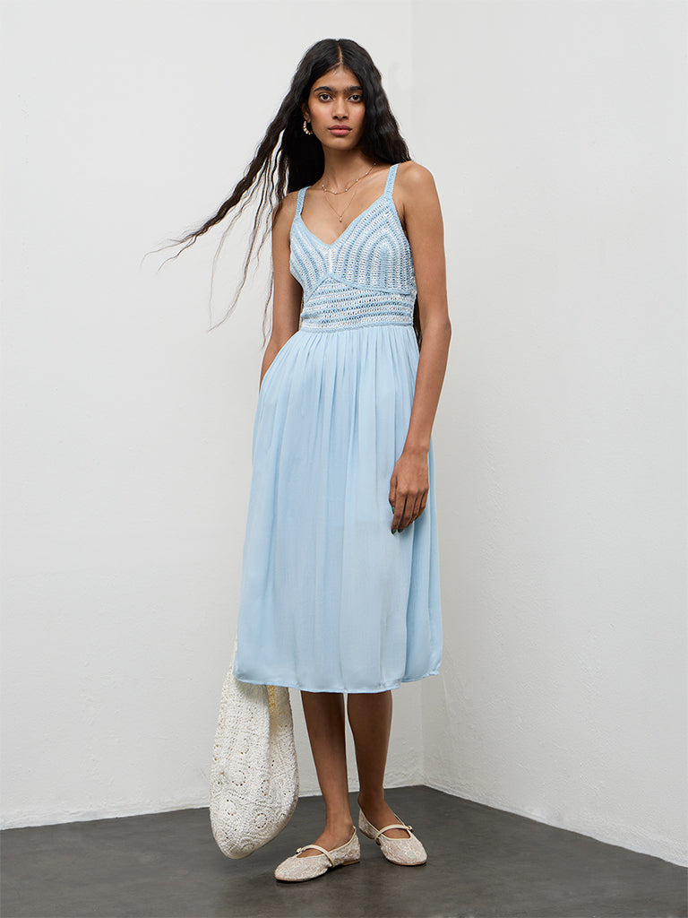 Bombay Paisley Blue Crochet-Design Cotton-Blend A-Line Dress