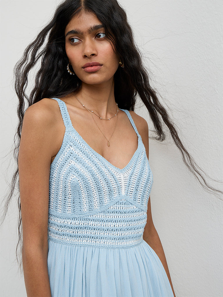 Bombay Paisley Blue Crochet-Design Cotton-Blend A-Line Dress