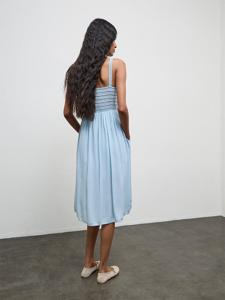Bombay Paisley Blue Crochet-Design Cotton-Blend A-Line Dress
