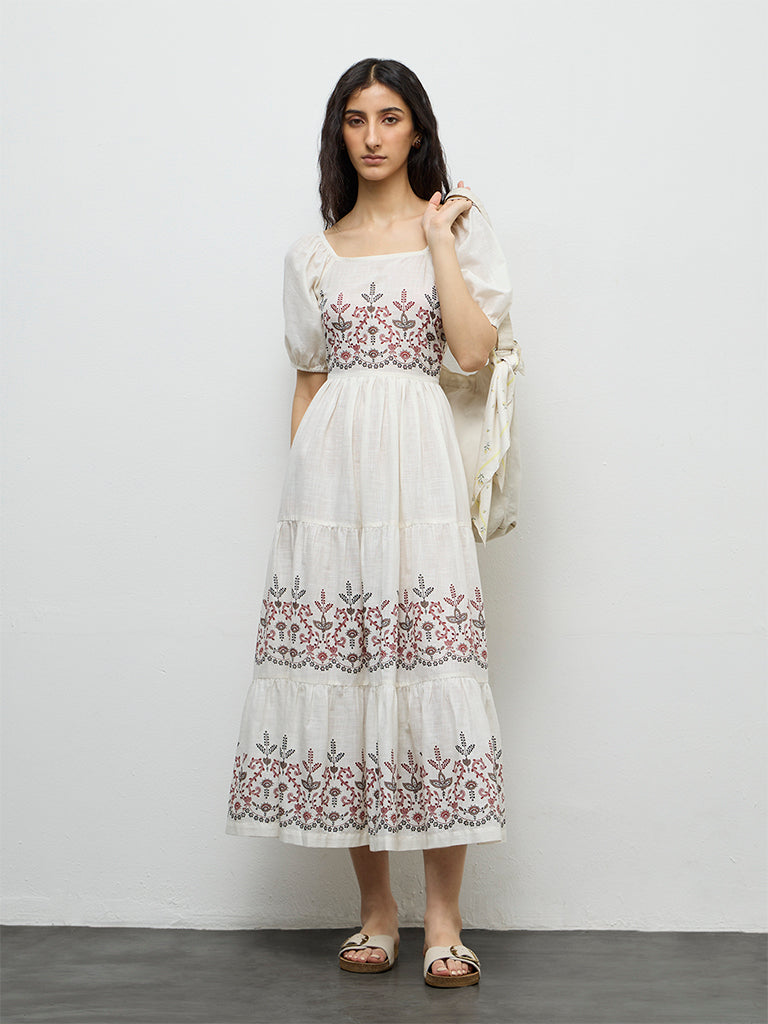 Bombay Paisley Off-White Floral Printed Cotton Tiered Dress