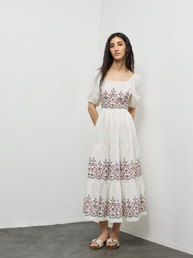 Bombay Paisley Off-White Floral Printed Cotton Tiered Dress