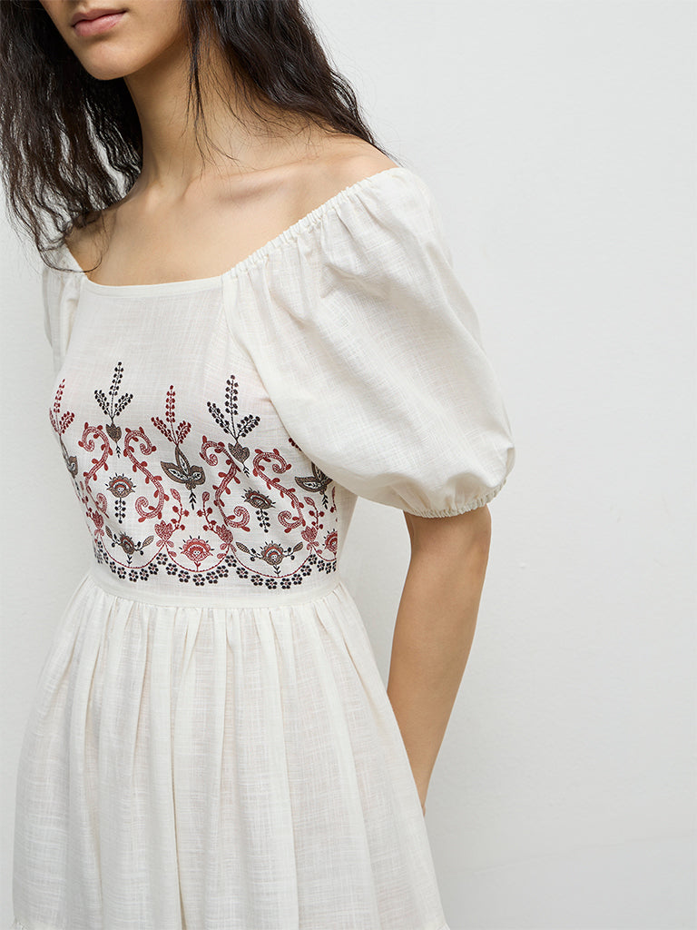 Bombay Paisley Off-White Floral Printed Cotton Tiered Dress