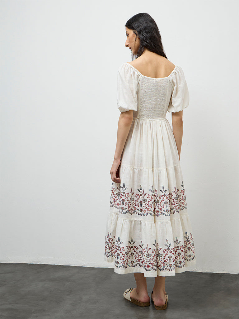 Bombay Paisley Off-White Floral Printed Cotton Tiered Dress