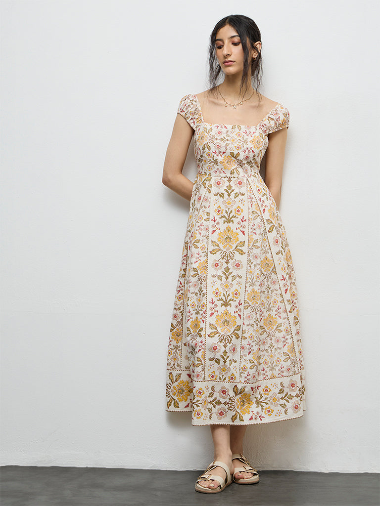 Bombay Paisley Beige Floral Printed Cotton A-Line Dress