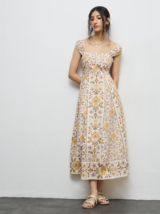 Bombay Paisley Beige Floral Printed Cotton A-Line Dress