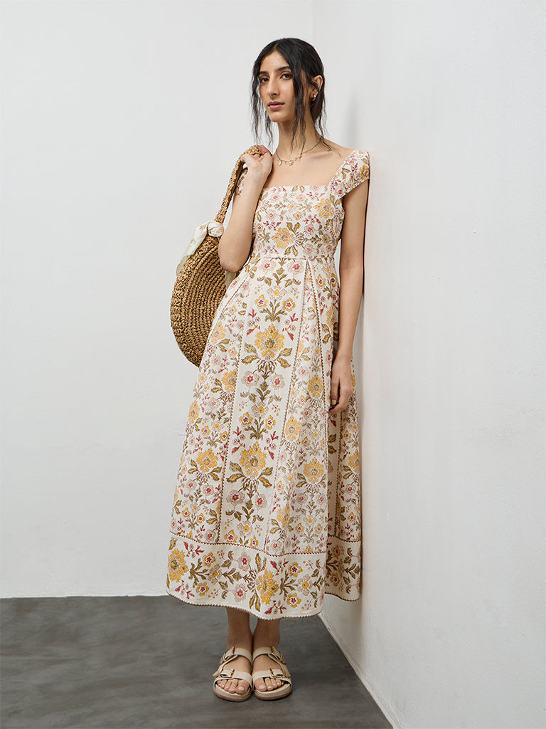 Bombay Paisley Beige Floral Printed Cotton A-Line Dress