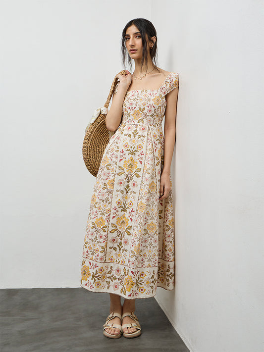 Bombay Paisley Beige Floral Printed Cotton A-Line Dress