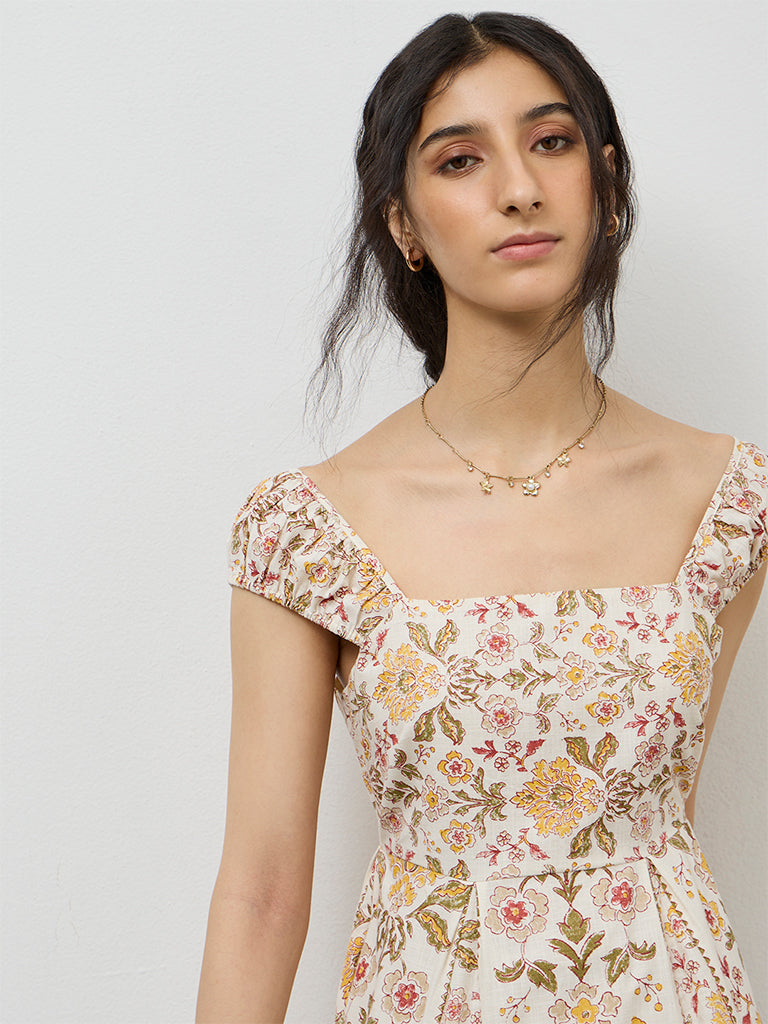 Bombay Paisley Beige Floral Printed Cotton A-Line Dress