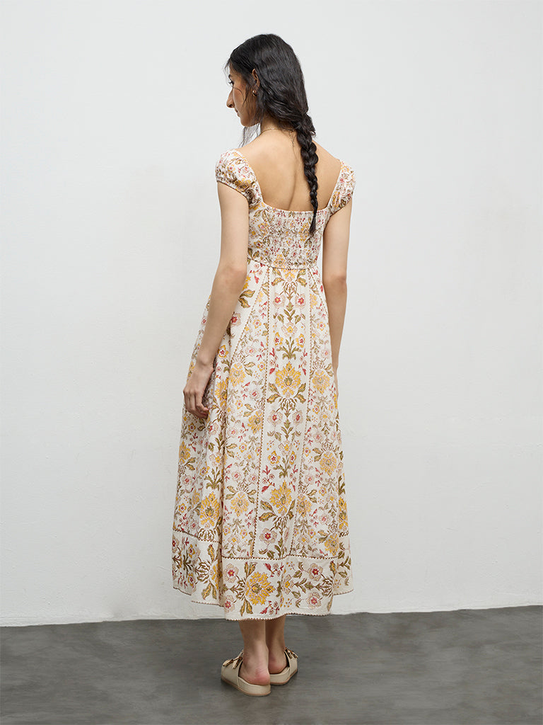 Bombay Paisley Beige Floral Printed Cotton A-Line Dress