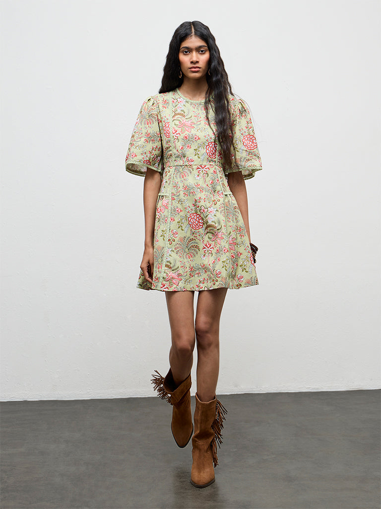 Buy Bombay Paisley Green Floral Printed A-Line Cotton-Blend Dress from  Westside