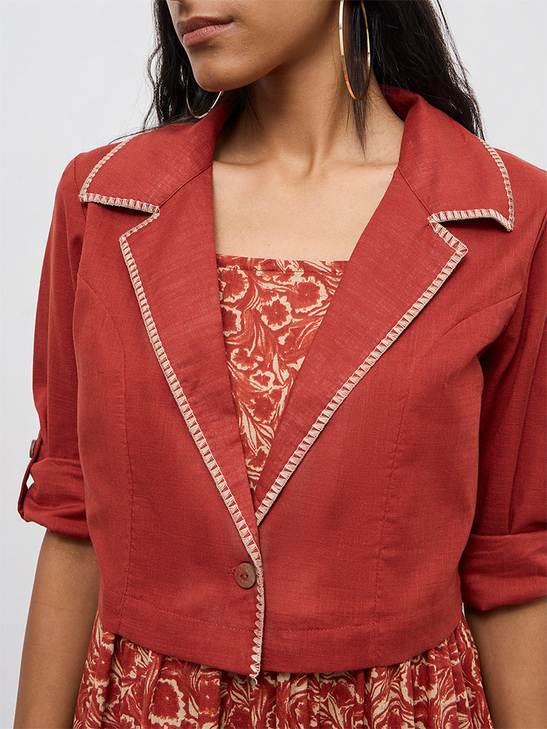 Buy Bombay Paisley Rust Cotton Tiered Dress with Jacket Set from
