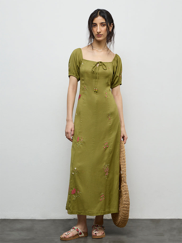Bombay Paisley Olive Embroidered Cotton-Blend A-Line Dress
