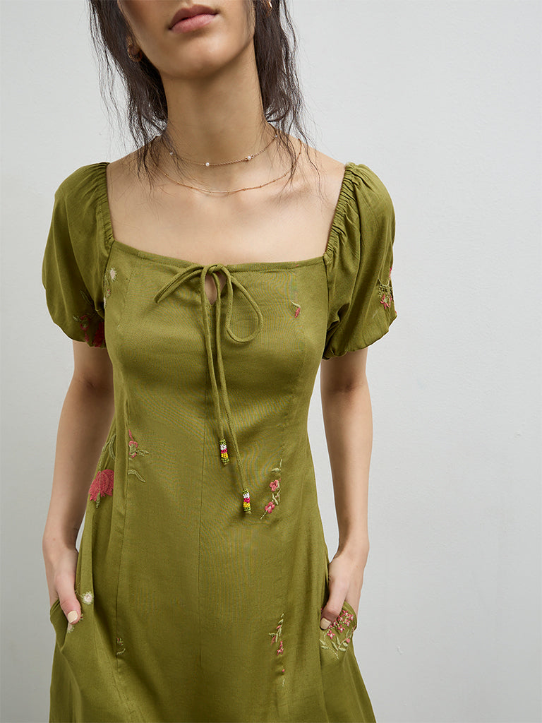 Bombay Paisley Olive Embroidered Cotton-Blend A-Line Dress
